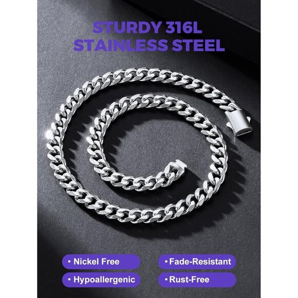 Men's 9MM Width-Steel Stainless Steel Miami Cuban Curb Link Chain Necklace - Picture 3 of 9